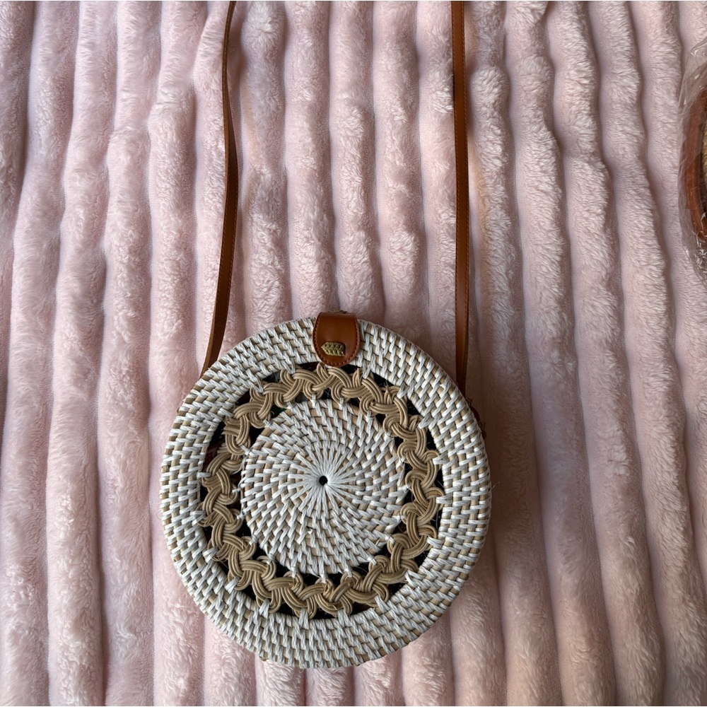Round Rattan Woven Crossbody Bag - White and Tan